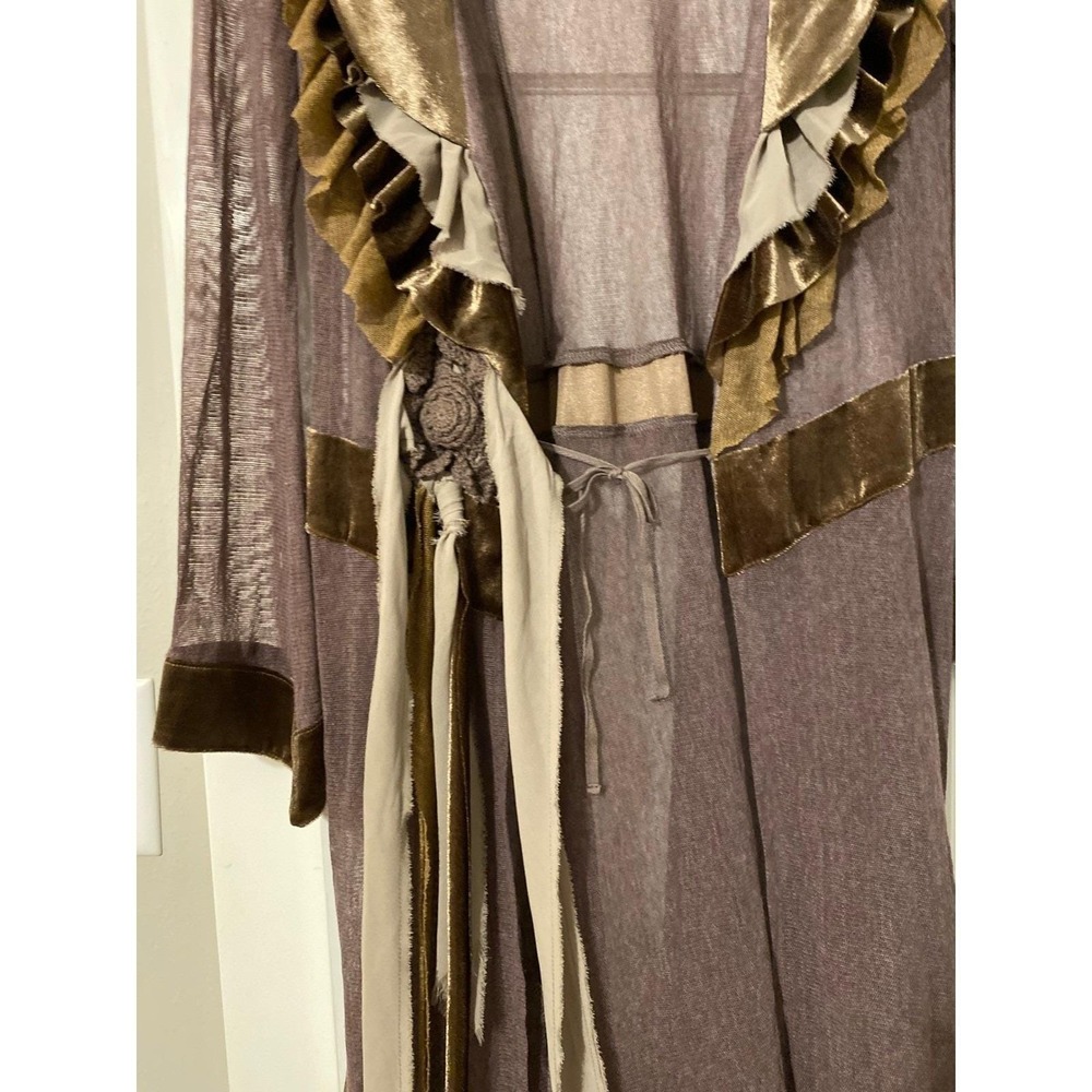 Y2K Anthro Velvet Ruffle Brown Duster Cardigan Medium Boho Luxury Fairy Grunge - Picture 9 of 9